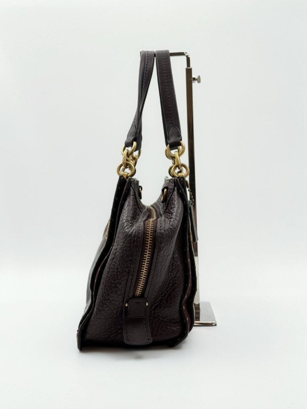 Coach Dark Brown Leather Studded Satchel with Gold Hardware - Picture 3 of 14